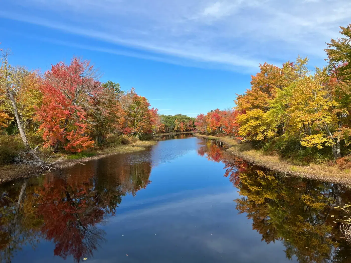 Maine river bordered by fall foliage